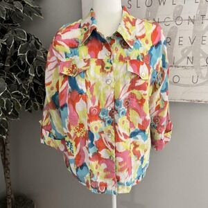 Ruby Rd. Jacket Womens 1X Multicolor Floral Roll Tab Sleeve Button Front Shacket
